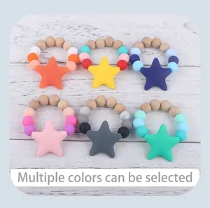 Baby teething rings with beech wood and star silicone beads in six varied color sets