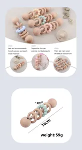 Detailed view of baby teething rattle with measurements and weight specifications