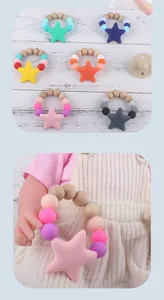 Detailed view of baby teething ring with beech wood beads and colorful silicone stars