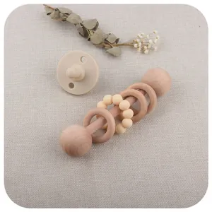 DIY silicone beads beech wood baby teether and pacifier set in neutral beige tones