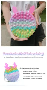 Detail showing the 18cm round rainbow fidget bag with pop bubbles and animal ears