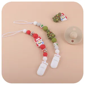 Christmas Baby Silicone Teether Pacifier Clip Chain Cartoon Santa Claus Print Silicone Beads Soothing Teething Toy Infant Anti-Lost Holder Gift