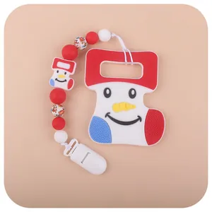 Christmas stocking silicone teether with colorful beads and pacifier clip for infants