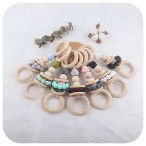 Jouet Hochet Anneau de Dentition en Bois Naturel et Silicone pour Bébé Perles Géométriques en Silicone Jouet Sensoriel pour Nourrissons