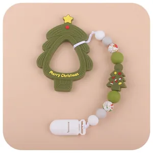 Silicone Christmas tree baby teether with pacifier chain and colorful silicone beads