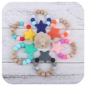 Baby Silicone Beech Wood Star Teether Ring Food Grade BPA Free Soothing Molar Toy For Infants Sensory Development Grasp Toy