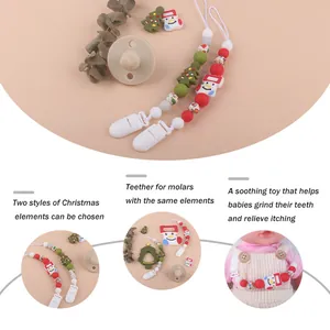 Christmas silicone baby teether pacifier clip set with Santa Claus and snowman beads
