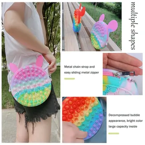 Rainbow silicone pop shoulder bag with cute rabbit ears and metal chain strap