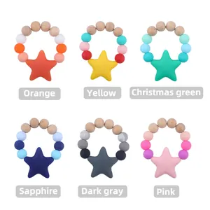 Silicone star and beech wood bead baby teething rings in six vibrant assorted colors