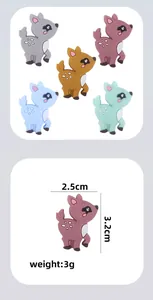 Macro detail of cartoon deer silicone teethers showing 3.2cm size and 3g weight