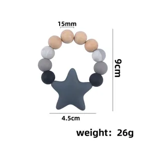 Baby teething ring with beech wood beads and large silicone star pendant in grey