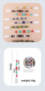 Detailed dimensions of multi-color silicone pacifier clip with 23cm length and 18g weight