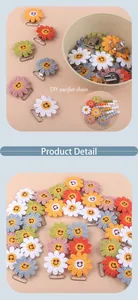 Detail of crochet sunflower pacifier clips with smiling faces and metal fastener back