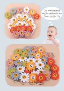 Detail of crochet sunflower pacifier clips in pastel colors with metal fastening