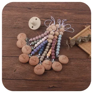 Baby Pacifier Clip Natural Beech Wood Silicone Beads Anti-Drop Chain Smile Face Teether Holder Infant Newborn Baby Gift