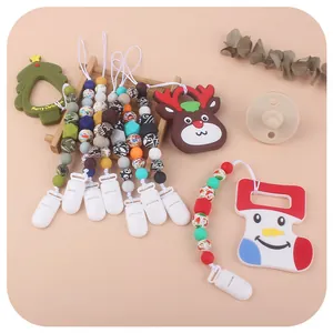 Christmas theme silicone pacifier clip with deer, tree and snowman teething beads