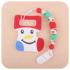 Christmas stocking silicone teether with colorful Santa print beads and pacifier clip
