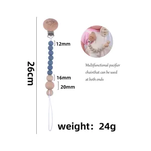 Beech wood baby pacifier clip with blue silicone beads and smile engraving 26cm chain