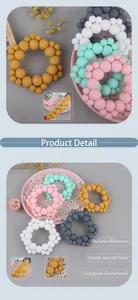Detail showing colorful food grade silicone baby teether rings with various bead sizes