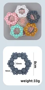 Detail of 15mm and 9mm silicone teething rings with dimensions and pastel colors