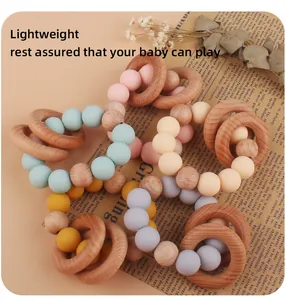 Lightweight baby teething bracelet made of natural wood and food-grade silicone beads