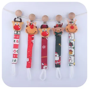 Christmas Theme Baby Pacifier Clip Reindeer Plush Wood Clip Pacifier Holder Chain For Infants Christmas Gifts Baby Essentials