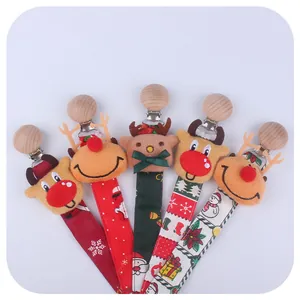 Christmas theme elk baby pacifier clips set with reindeer plush and wooden clips