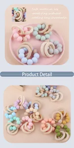 Detail of baby teething ring made with natural beech wood and soft macaron silicone beads
