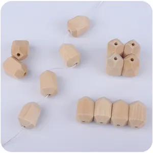 Natural geometric 18mm wooden beads with multi-faceted cuts for DIY craft jewelry