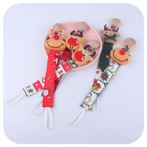Christmas reindeer baby pacifier clip set with festive ribbon and wooden buckle clips