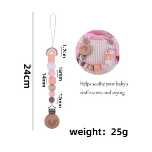 Rainbow silicone baby pacifier clip with beech wood beads and crochet details 24cm length