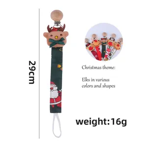 Christmas elk pacifier clip with green festive ribbon and 29cm wooden chain safety strap