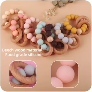 Silicone and beech wood baby teething bracelet ring in Morandi colors for infants