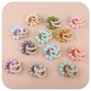 Baby Beech Wood Silicone Teether Bracelet Rattle Toy Food Grade Beads Montessori Sensory Grasping Toy For Infants Toddlers