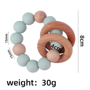 Silicone and wood baby teether ring featuring 15mm beads and 4cm natural wooden ring