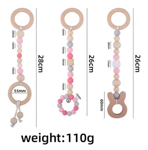Dimensiones del set de 3 juguetes para bebés con cuentas de silicona y madera de haya