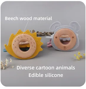 Detailed macro view of beech wood and food-grade silicone animal teething toys for babies