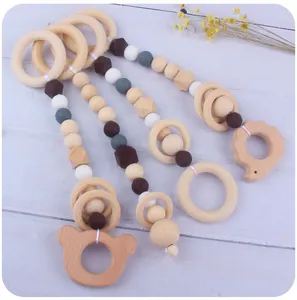Set of 4 beech wood and silicone bead baby gym pendants with cute animal teethers