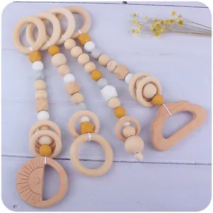 Baby Teething Toys Beech Wood Silicone Beads Pacifier Chain Gym Pendants Natural Wood Teether Soothing Toy Newborn Gift
