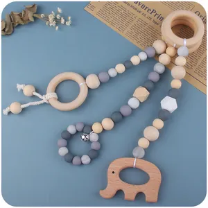 Set de mordedor de bebé con elefante de madera, cuentas de silicona y cascabel