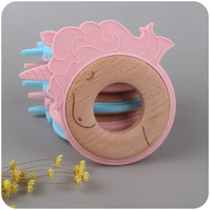 Baby Unicorn Silicone Teether With Beech Wood Ring Cartoon Animal Infant Molar Toy Soothing Teething Ring For Toddlers