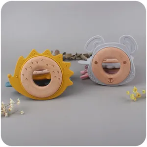 Cartoon Animal Silicone Baby Teether Natural Beech Wood Ring BPA Free Infant Teething Toy For Newborn Grasping Training