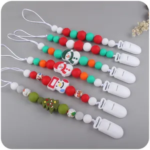 Christmas Baby Pacifier Clip Silicone Beads Teether Chain For Toddler Infant Snowman Santa Claus Tree Anti-Drop Holder