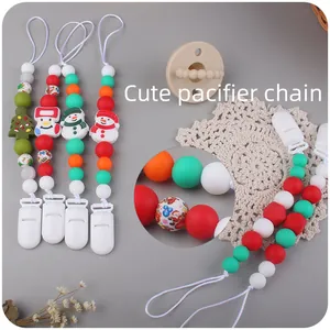 Christmas silicone bead pacifier clip set with snowman and tree charms for babies
