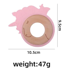 Pink unicorn silicone teether with natural beech wood ring for infant teething relief