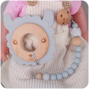 Baby wooden teether ring with silicone sheep toy and matching beaded pacifier clip