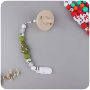 Silicone baby pacifier with Christmas tree clip chain featuring green and grey beads
