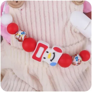 Christmas silicone baby pacifier clip with snowman bead and festive red white colors