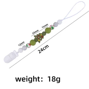 Christmas silicone baby pacifier clip with green tree bead and safe plastic clasp