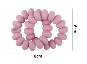 Detail showing dimensions of two pink spiral silicone baby teethers with matte finish
